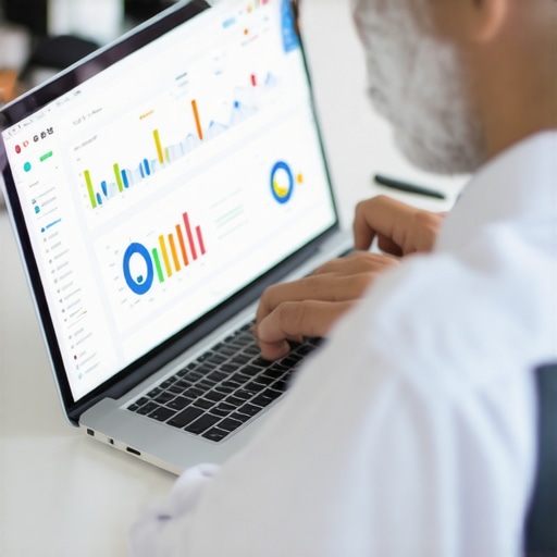Analyzing Local SEO Data for GMB Success Business owner reviewing SEO analytics on laptop for local listing optimization.