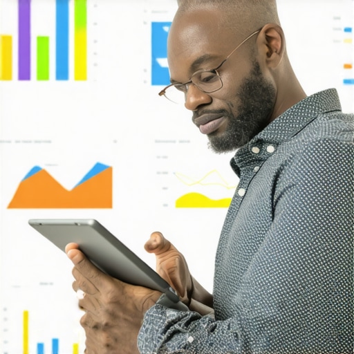 Business owner reviewing local SEO signals on a tablet with charts and graphs
