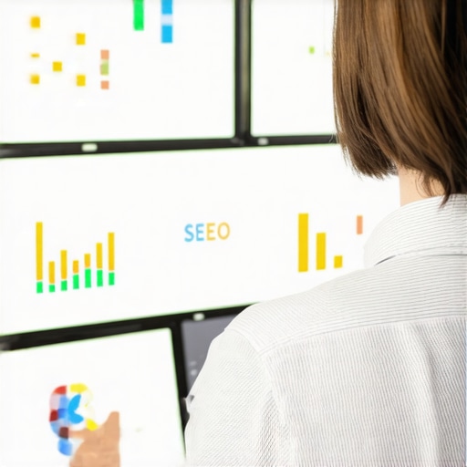 SEO analyst reviewing local search signals on multiple screens in office.