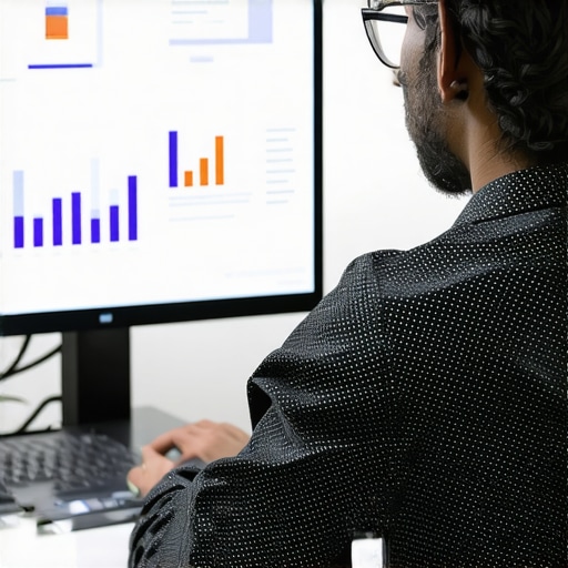 A person reviewing SEO performance metrics on a laptop with charts.