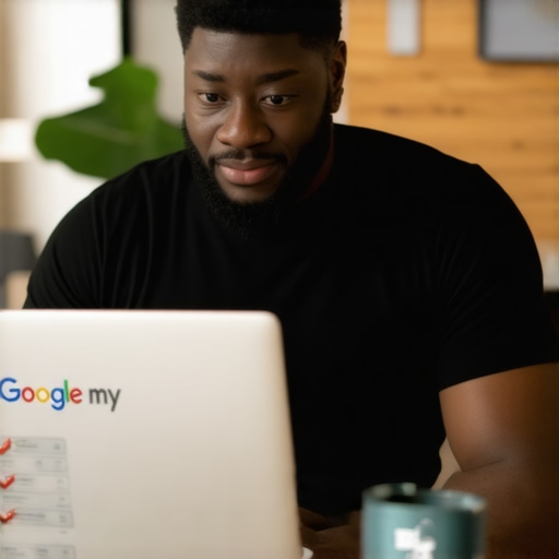 Business owner working on GMB profile optimization with checklist and laptop