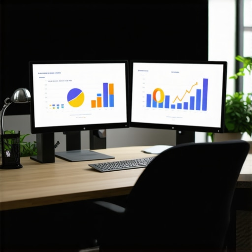 Workstation with SEO software and analytics charts emphasizing GMB signal management.