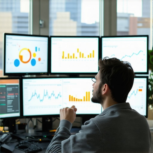 A data analyst studying SEO signals with multiple monitors showing charts and graphs.