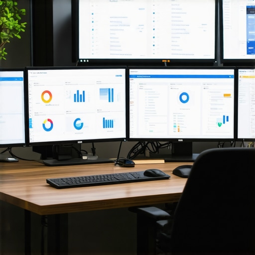 A workspace with screens showing SEO analytics and citation audits, emphasizing ongoing GMB management.