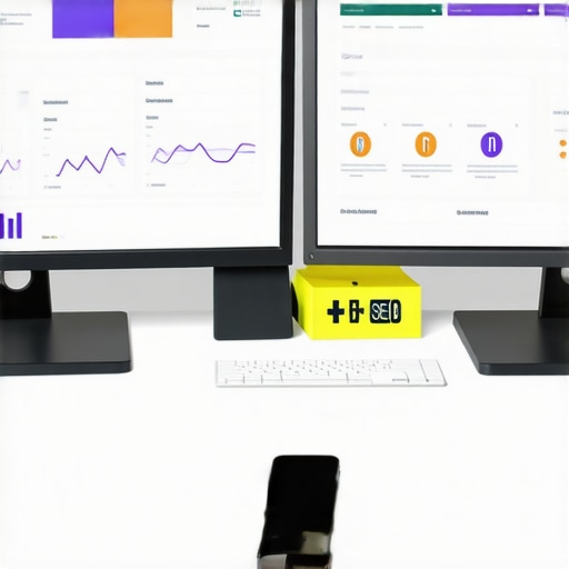Screenshot of SEO analytics dashboard showing local search rankings and reviews on dual monitors.