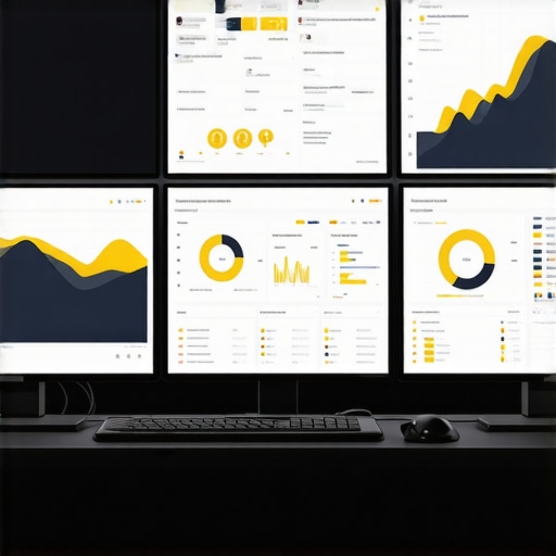 Workstation with screens showing SEO analytics, backlink profile, and security status