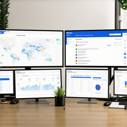A workspace with screens showing analytics, maps, and review data for local SEO management.