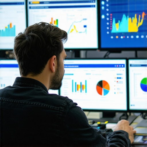 Analyzing Local SEO Data for GMB Maintenance A professional analyzing SEO performance metrics on multiple monitors to ensure ongoing GMB success