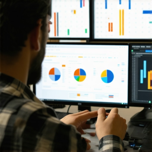 Person analyzing local SEO signals on computer screens with charts and graphs.