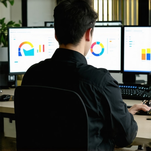 Professional SEO Monitoring Tools in Action An individual analyzing SEO dashboards on multiple screens, demonstrating tools like BrightLocal, Ahrefs, and SEMrush for GMB and ranking maintenance