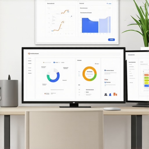 Modern workspace with SEO and GMB analytics dashboards