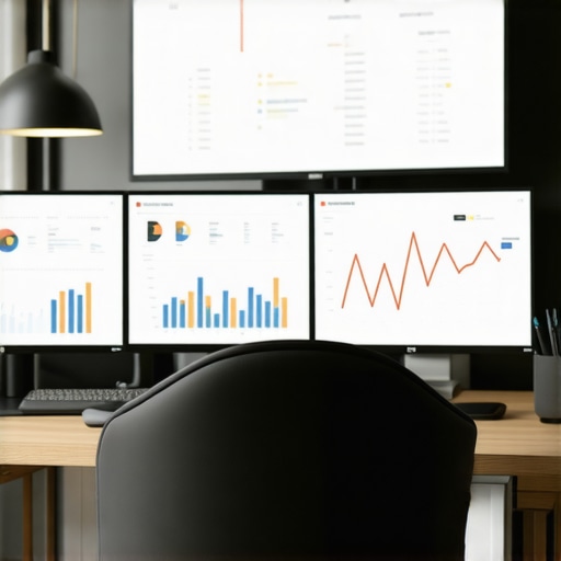 Workspace with SEO Tools for GMB Monitoring A professional desk setup with monitors showing local SEO analytics and ranking graphs.