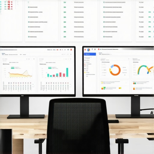 Workstation with SEO Tools for GMB Management A modern office setup showing screens with local SEO metrics and signal analysis tools.