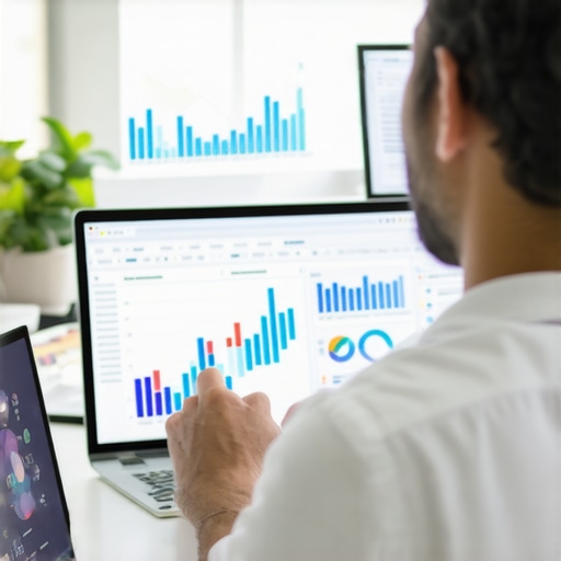 Person reviewing SEO signals and backlinks on a monitor with data charts.