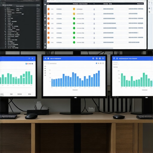 A professional managing local SEO signals on multiple computer screens with graphs and tools.