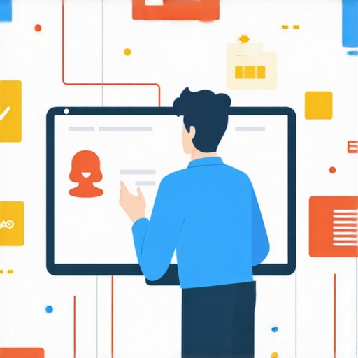 Person reviewing SEO signals on a computer with icons representing reviews, backlinks, and data consistency.