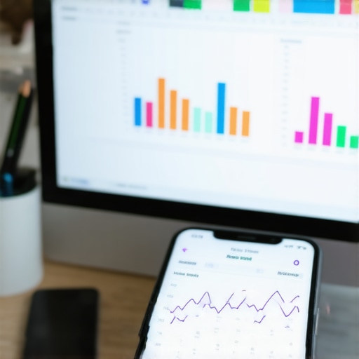 A workspace featuring SEO analytics charts, a laptop with ranking reports, and a smartphone displaying GMB performance insights.
