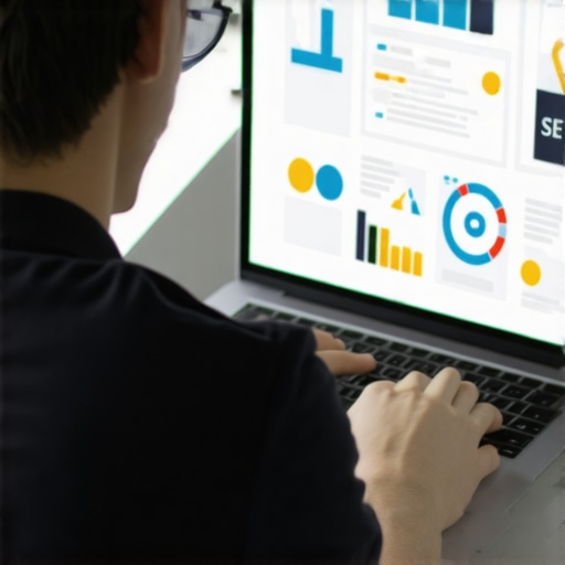 Person working on SEO tools on a laptop in an office, illustrating effective local ranking maintenance.